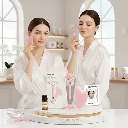 Dr. Melaxin™ Complete 4 Pc Facial Massage Kit | Roller • Gua Sha • Acupoint Map • Essential Oil